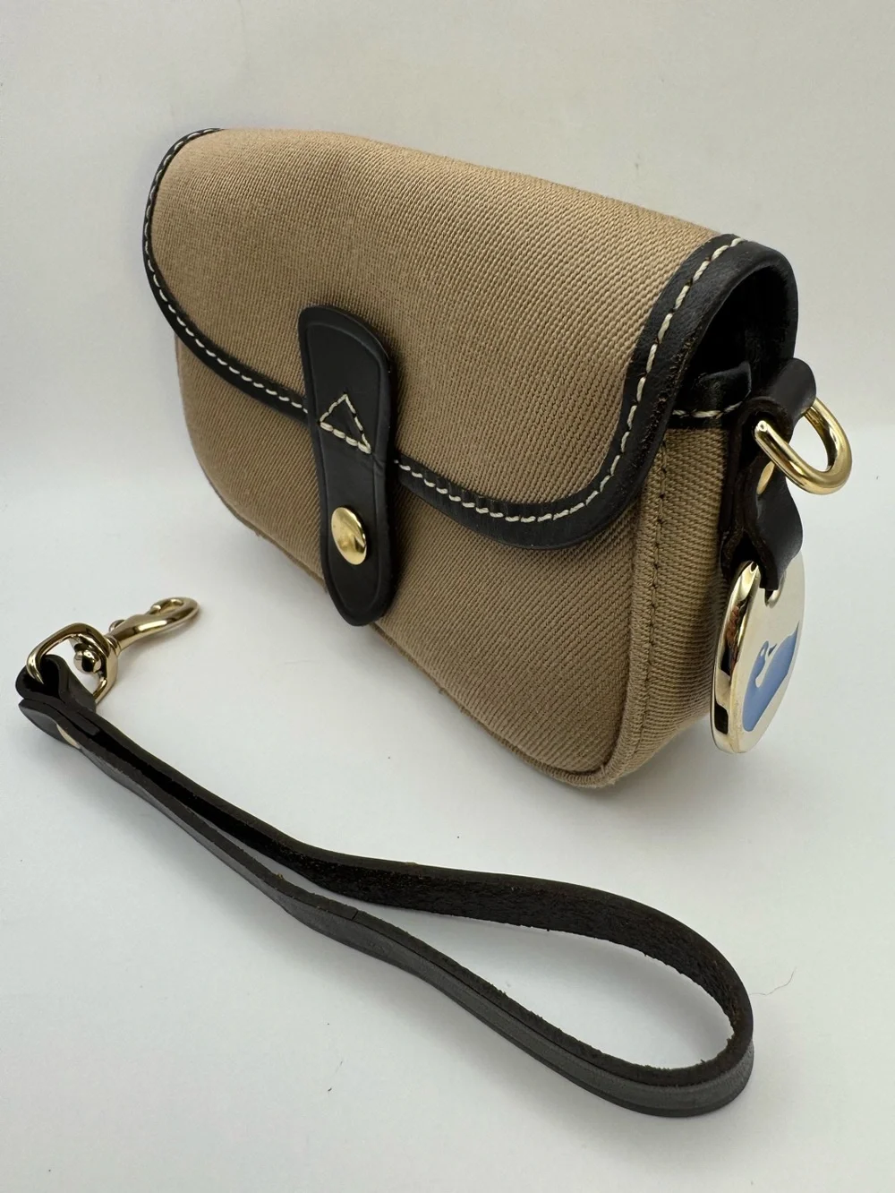 Dooney & Bourke Tan Twill Canvas Flap Wristlet Dark Brown Leather Trim